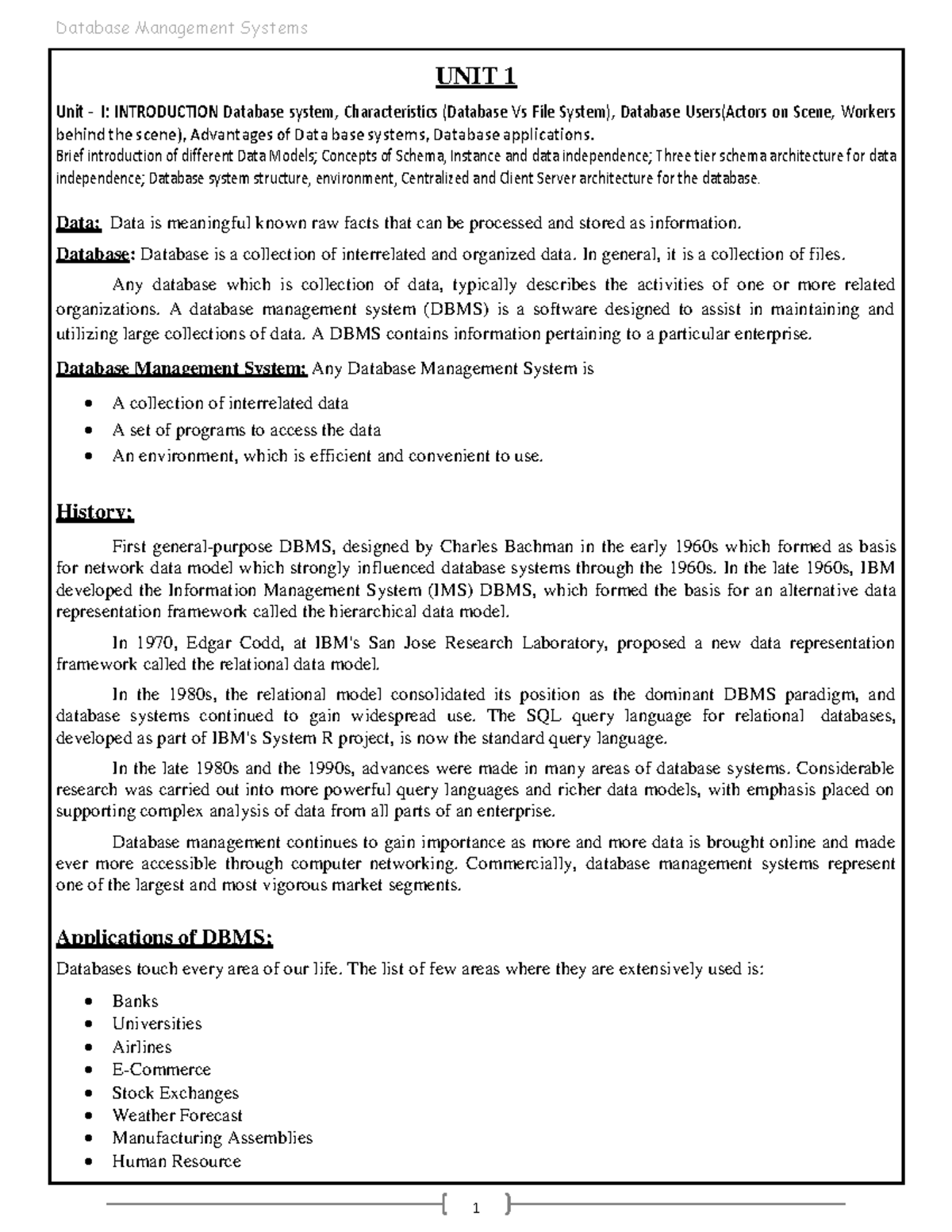 DBMS R20 - Unit 1: Introduction to Database Management Systems - Studocu