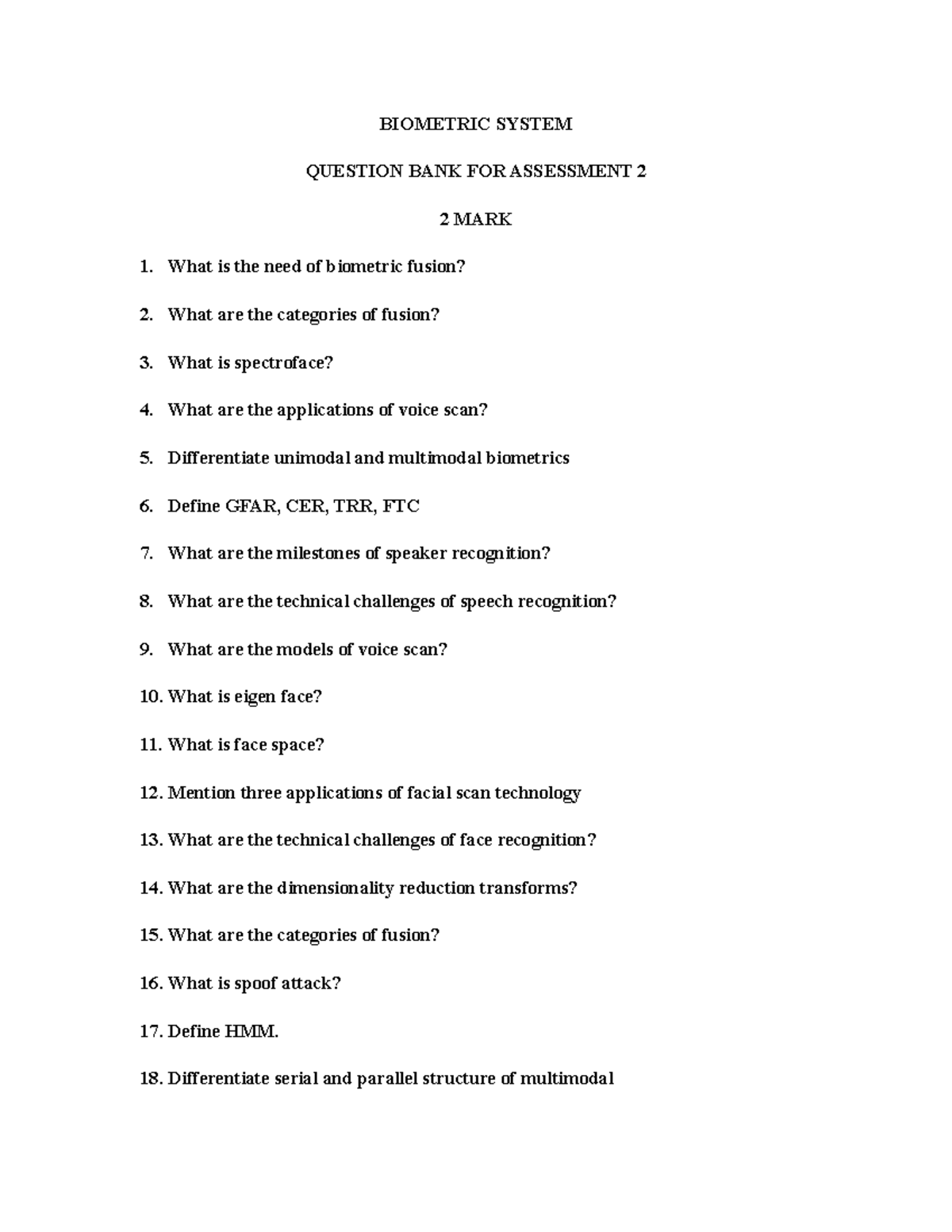 BMS QP2 - Biometric System Assessment 2 Question Bank - Studocu