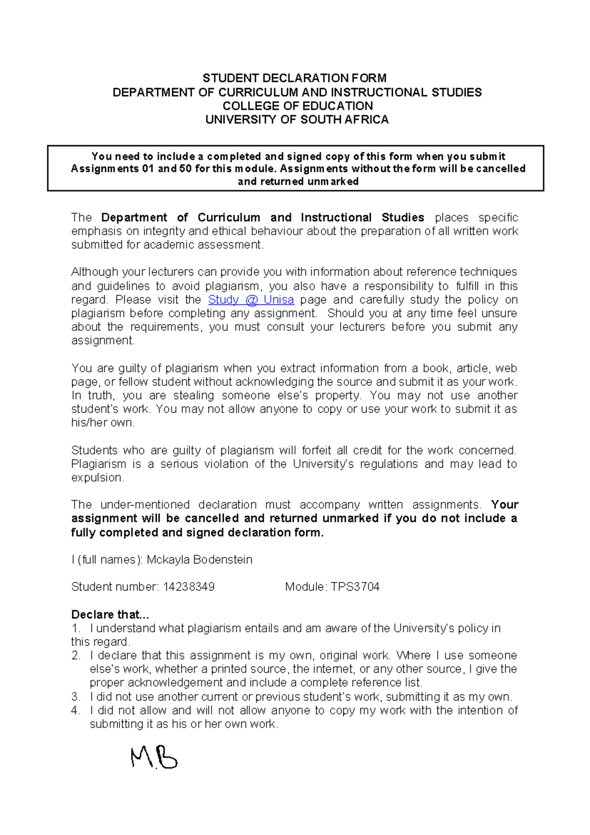 Assignment 1 13 February - STUDENT DECLARATION FORM DEPARTMENT OF ...