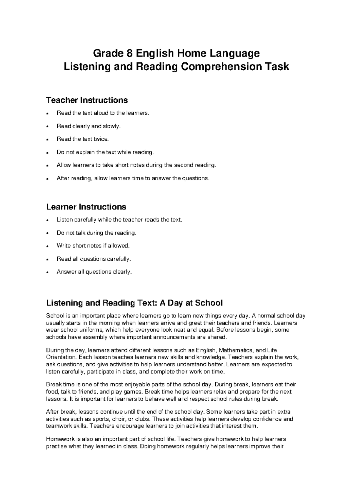 Grade 8 English Home Language Listening & Reading Task Instructions