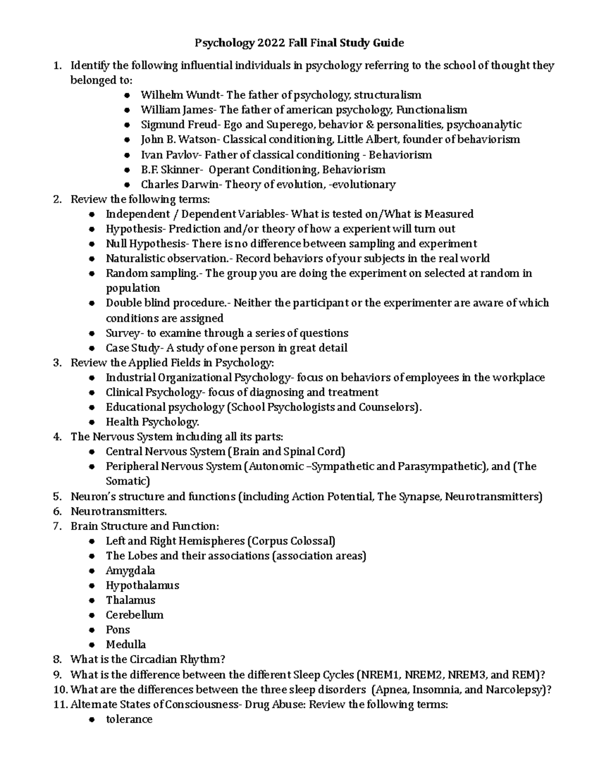 Psychology 2022 Fall Final Study Guide: Key Concepts and Terms - Studocu