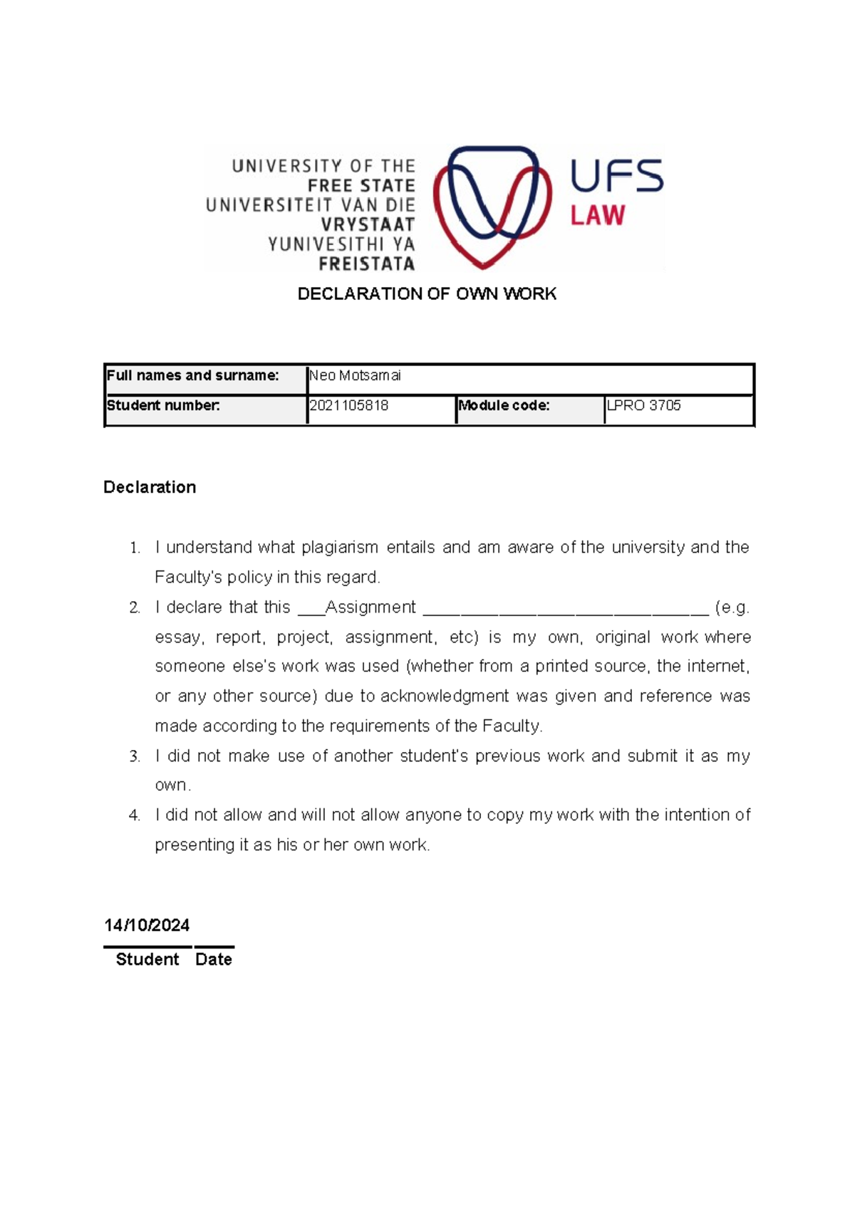 Law of property assignement - DECLARATION OF OWN WORK Full names and ...
