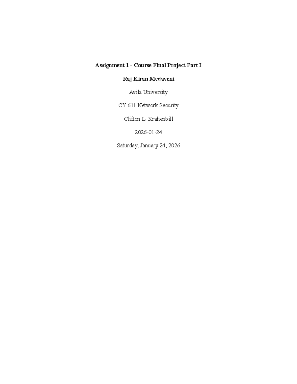 Assignment 1 - Final Project Part I: Network Security Setup CY 611 ...