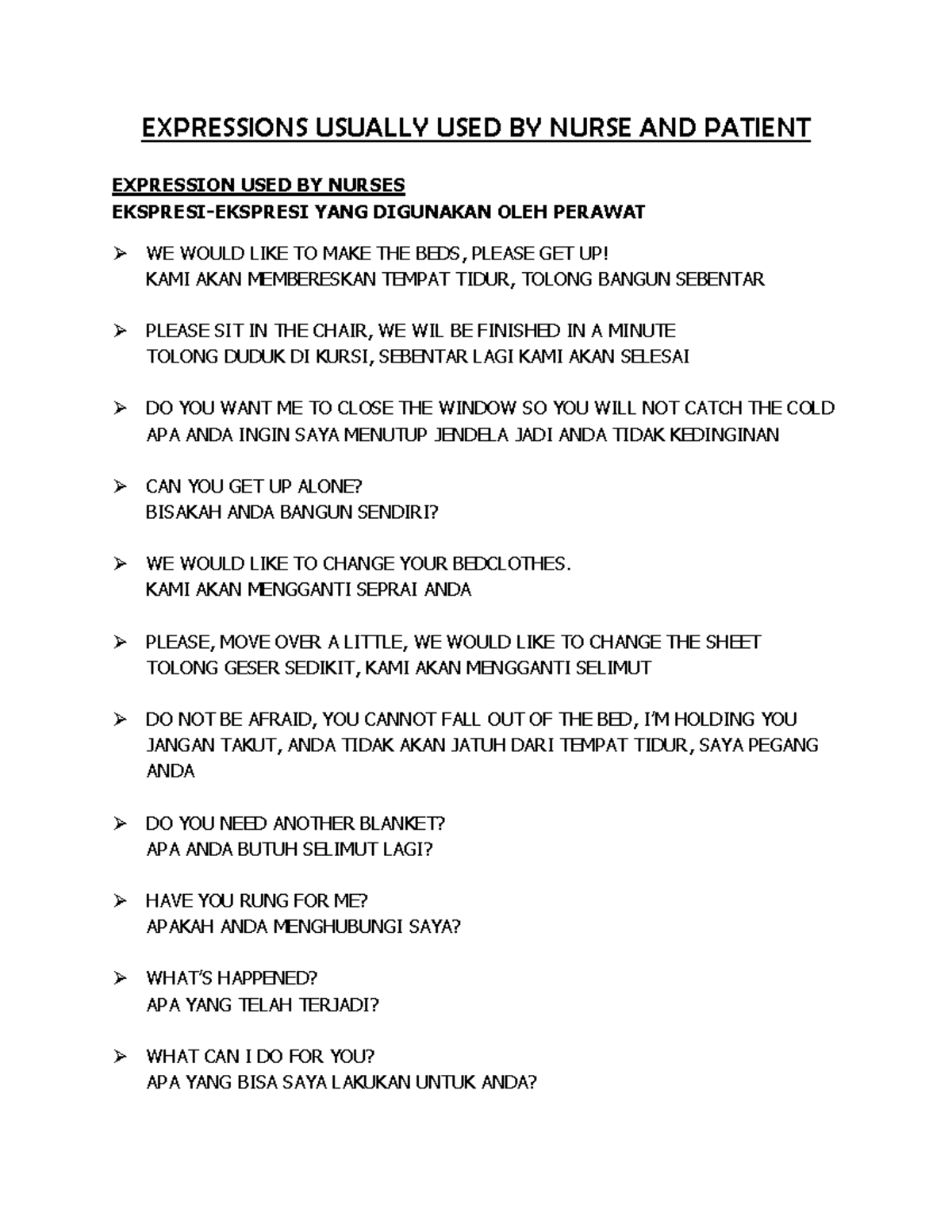 Expressions Used by Nurse and Patient: A Comprehensive Guide - Studocu