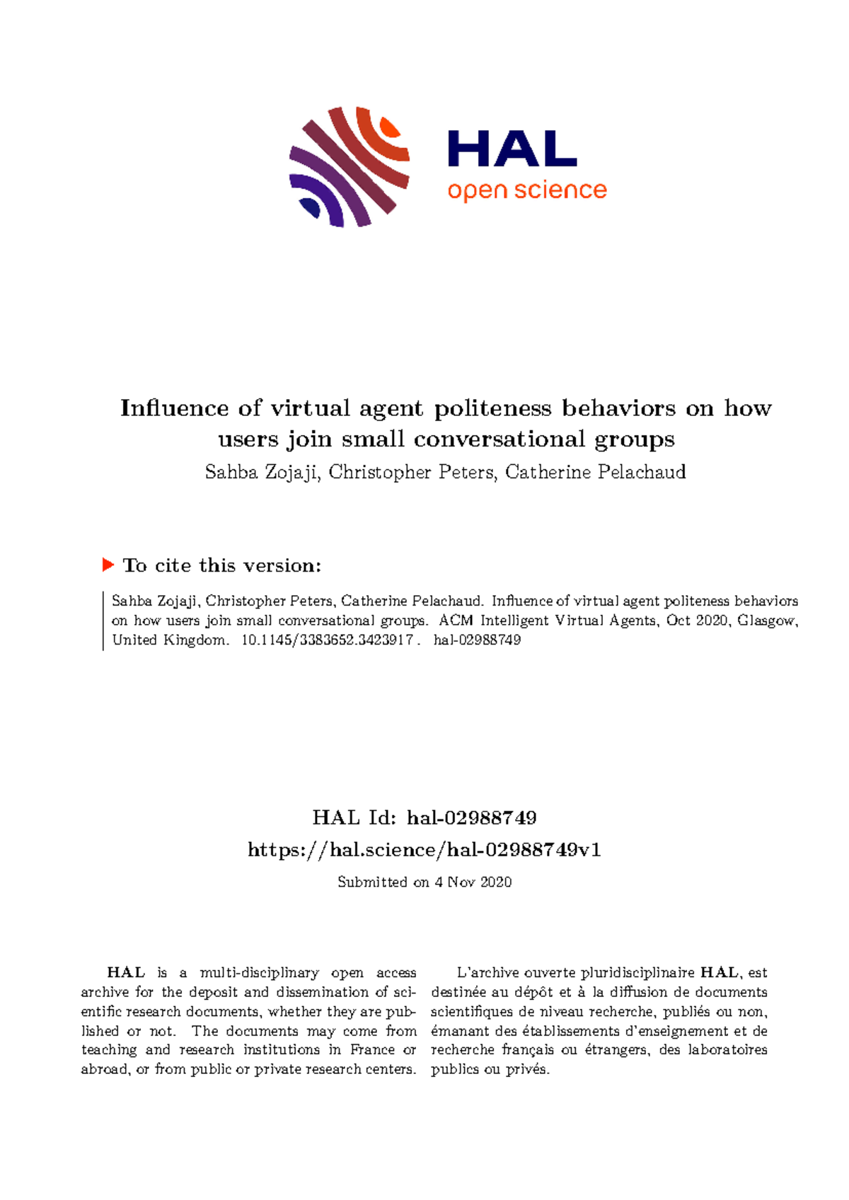 Polite Intellienget Virtual Agents - HAL Id: hal- hal/hal-02988749v ...
