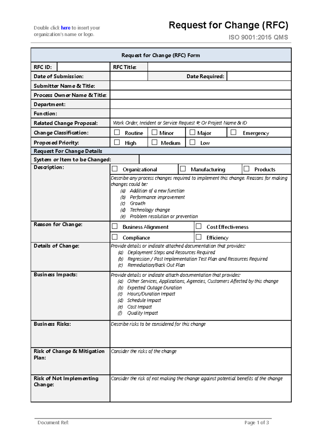 ISO 9001:2015 QMS Change Request Form (RFC) - Studocu