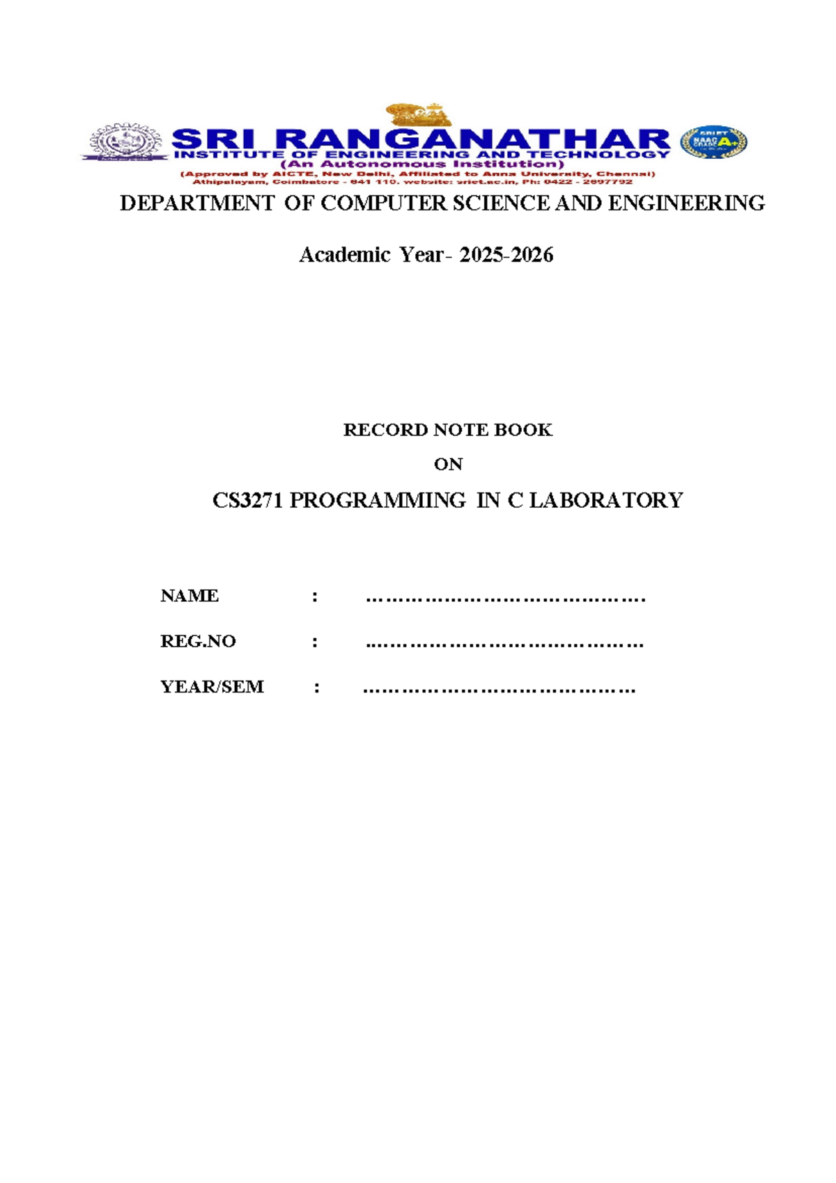 PC Lab Record - CS3271 Programming in C Laboratory - Studocu