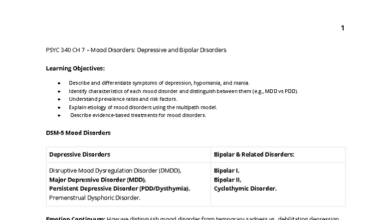 PSYC 340 CH 7 – Mood Disorders: Depression & Bipolar Overview - Studocu