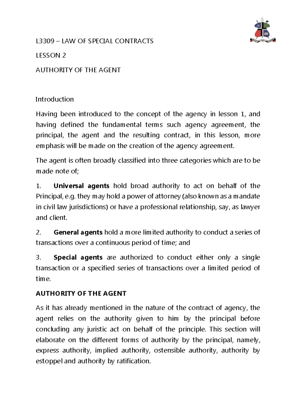 L3309 - Lesson 2: Understanding the Authority of the Agent - Studocu