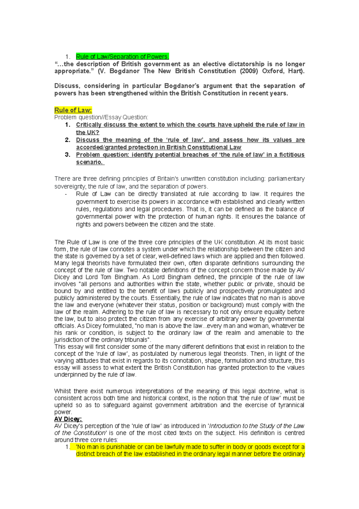 The Rule of Law & Separation of Powers in UK Constitutional Law: A ...