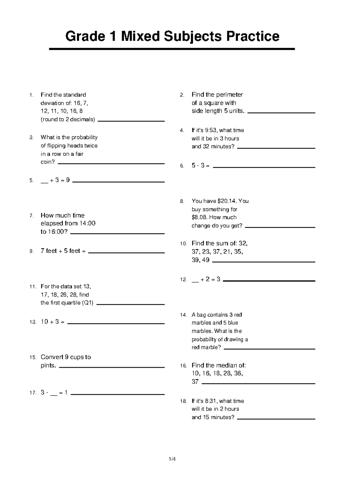 Grade 1 Mixed Subjects Practice 3: Math & Probability Exercises - Studocu