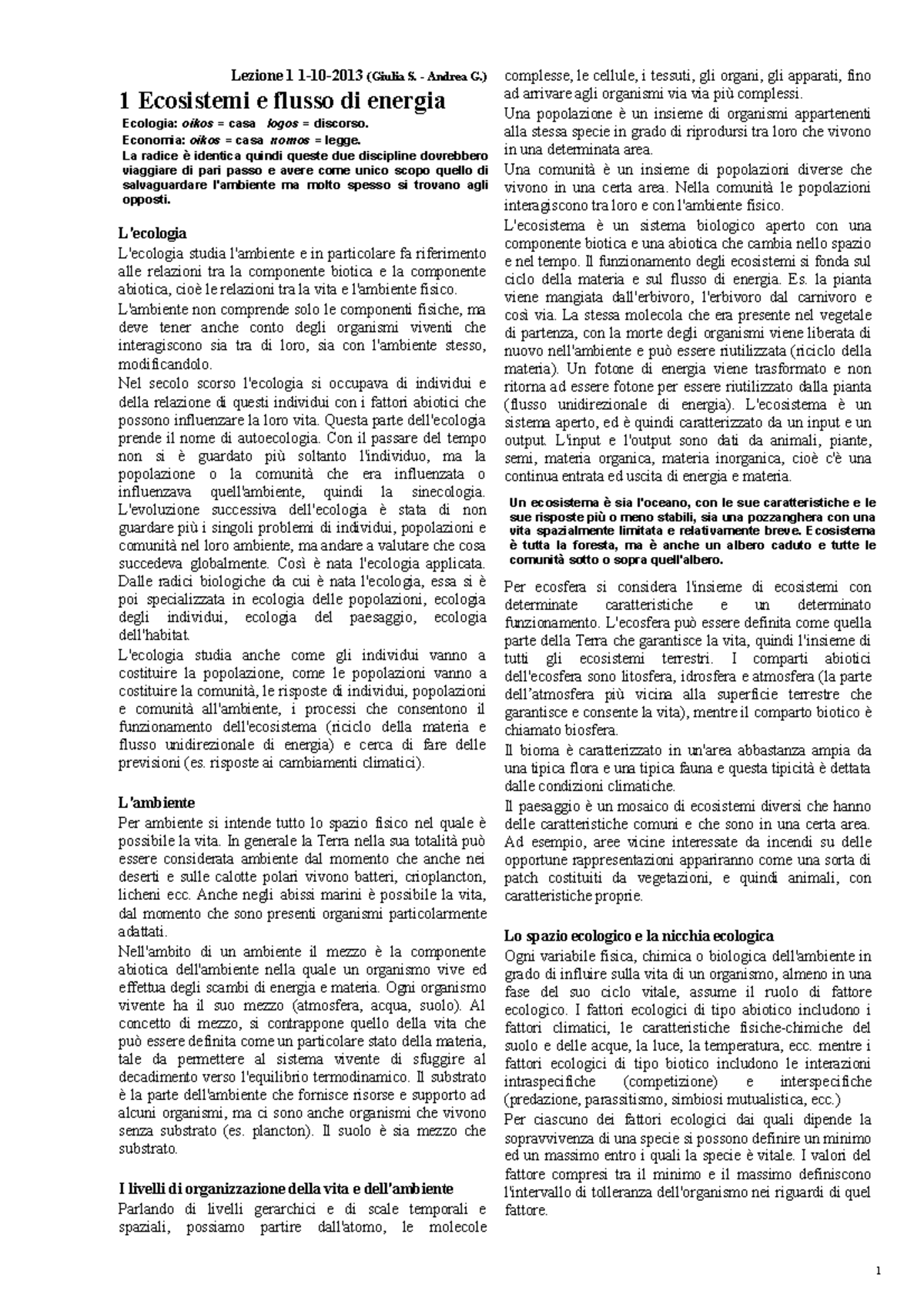Ecologia - Lezione 1 1-10-2013 (Giulia S. - Andrea G.) 1 Ecosistemi e ...