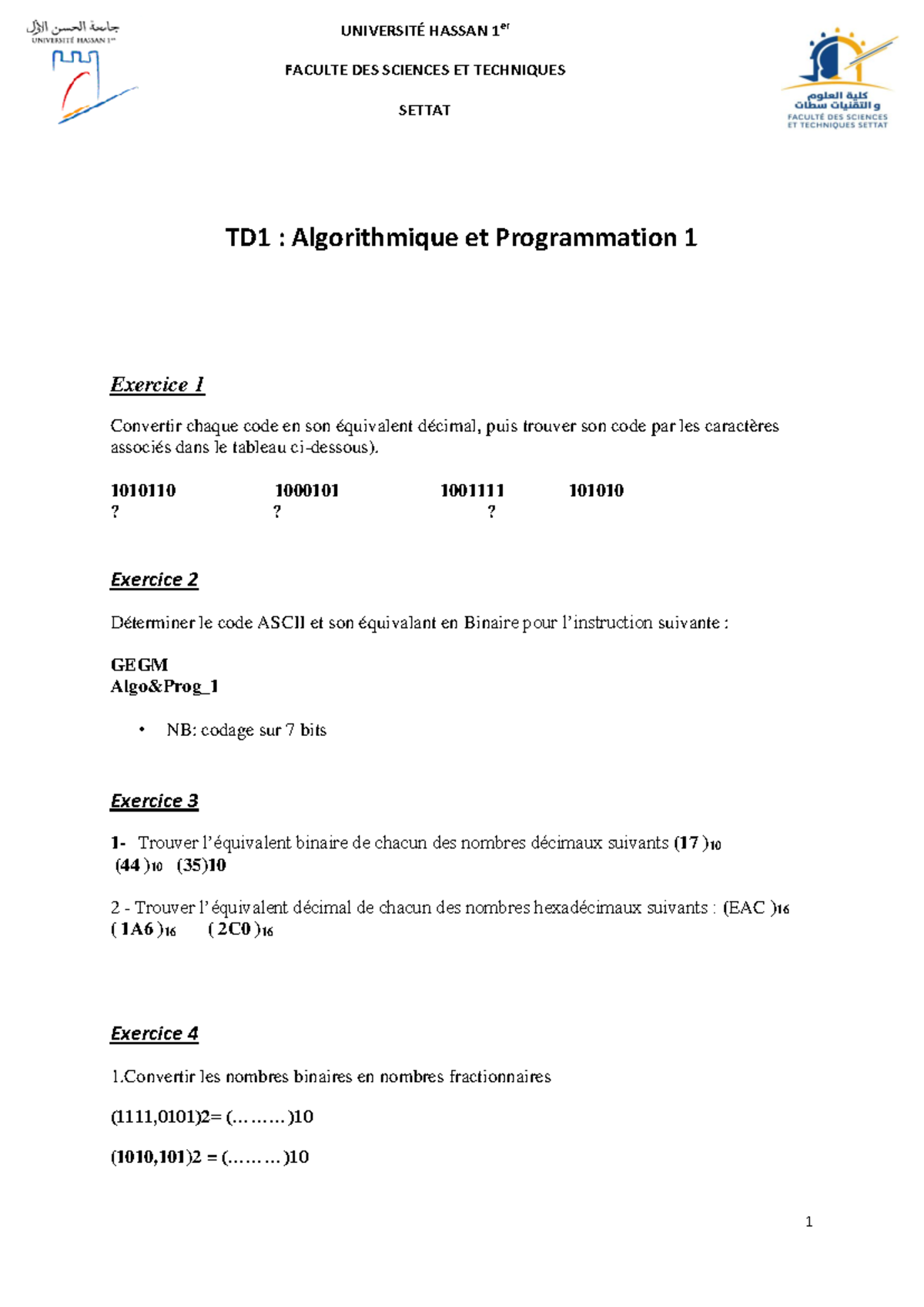 TD1 Algo1 - Travaux Dirigés d'Algorithmique et Programmation 1 - Studocu