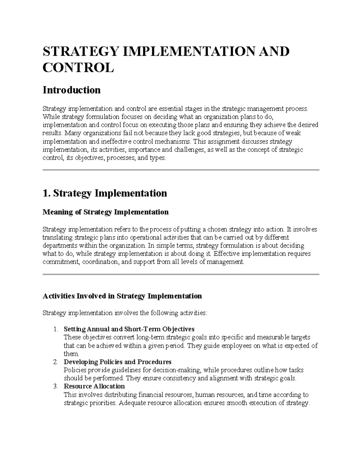 Strategy Implementation and Control: Key Concepts and Challenges - Studocu