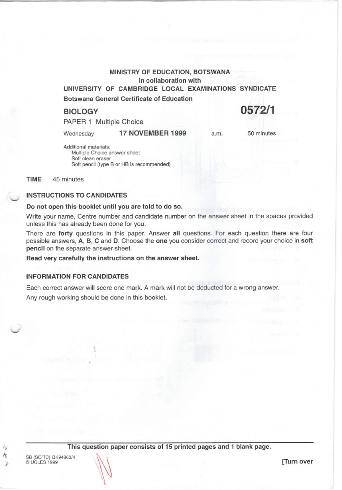 BIO 1999 Paper 1 - Multiple Choice Exam Guide - Studocu