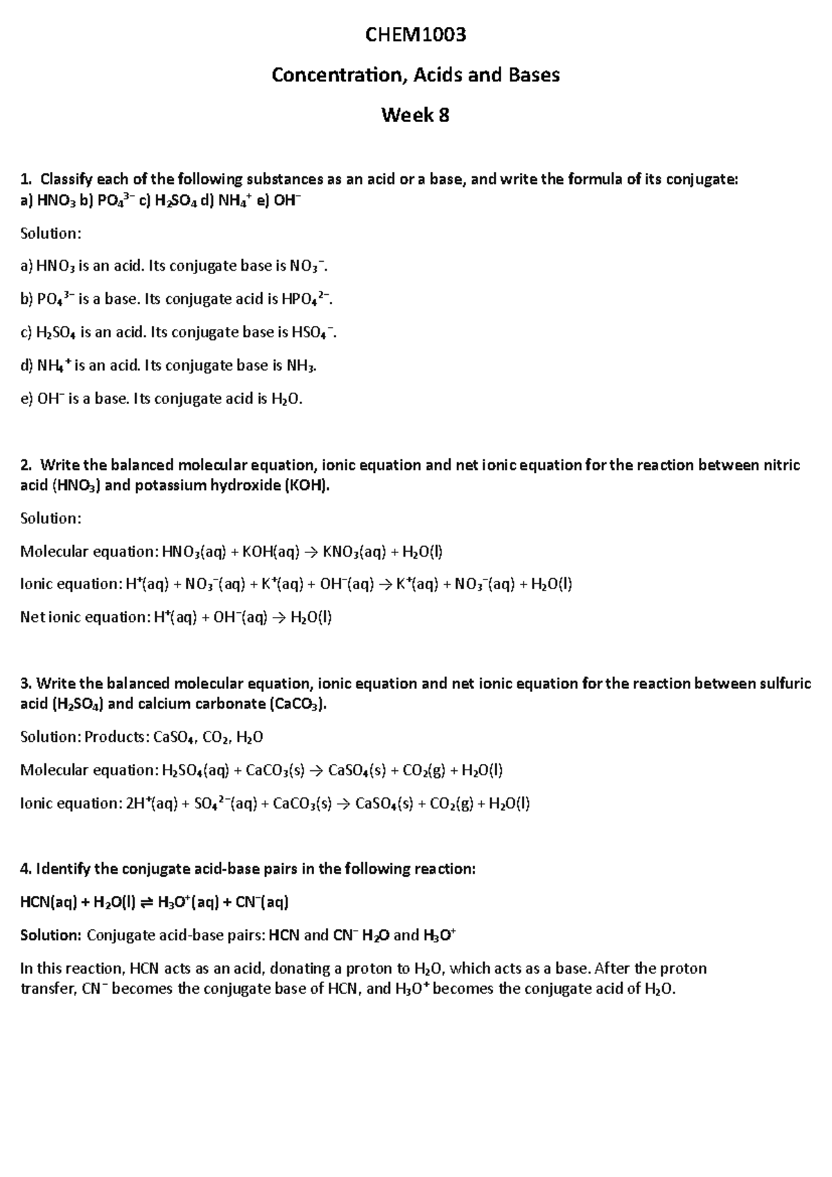 CHEM1003 Week 8 Workshop Solutions: Acids, Bases, and Molarity - Studocu