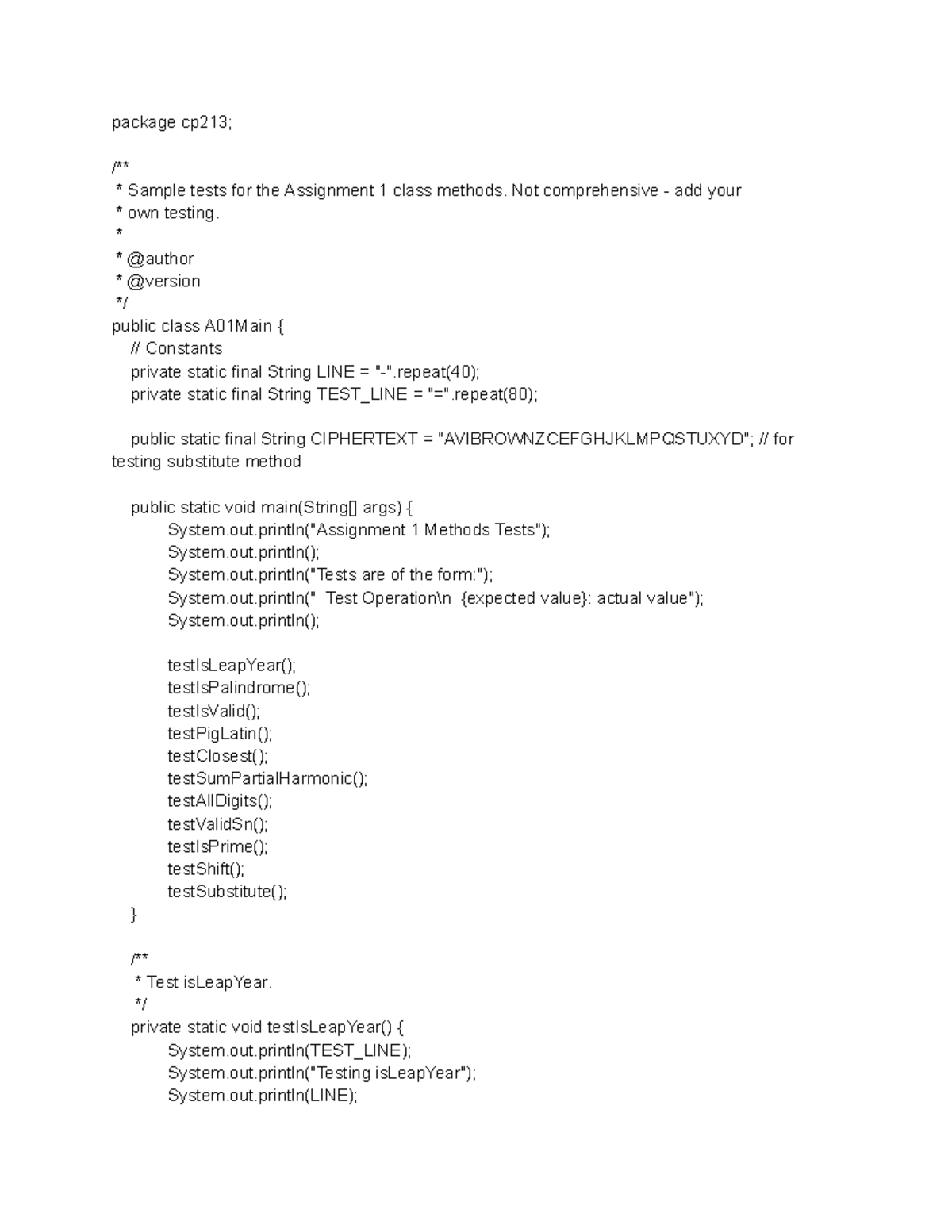 CP213 Assignment 1 Sample Tests for Class Methods - Studocu