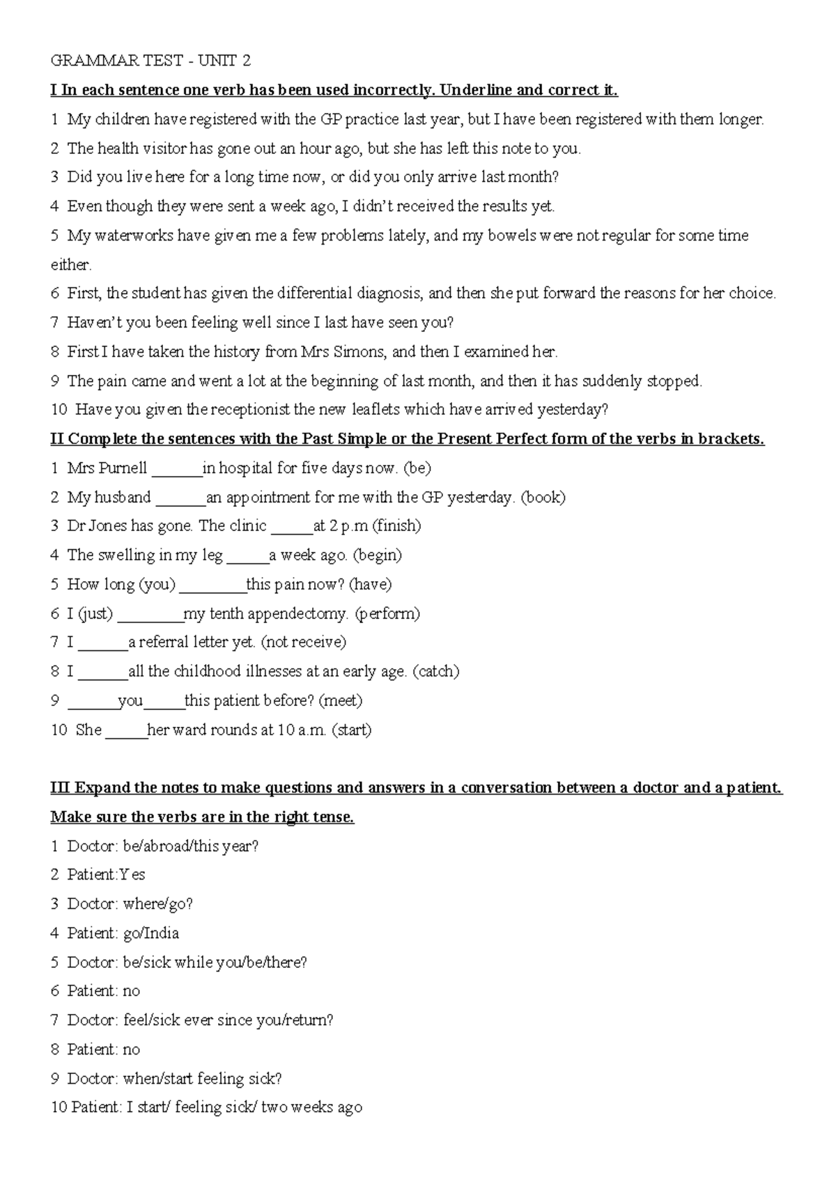 Grammar Test Unit 2: English Review Exercises and Corrections - Studocu