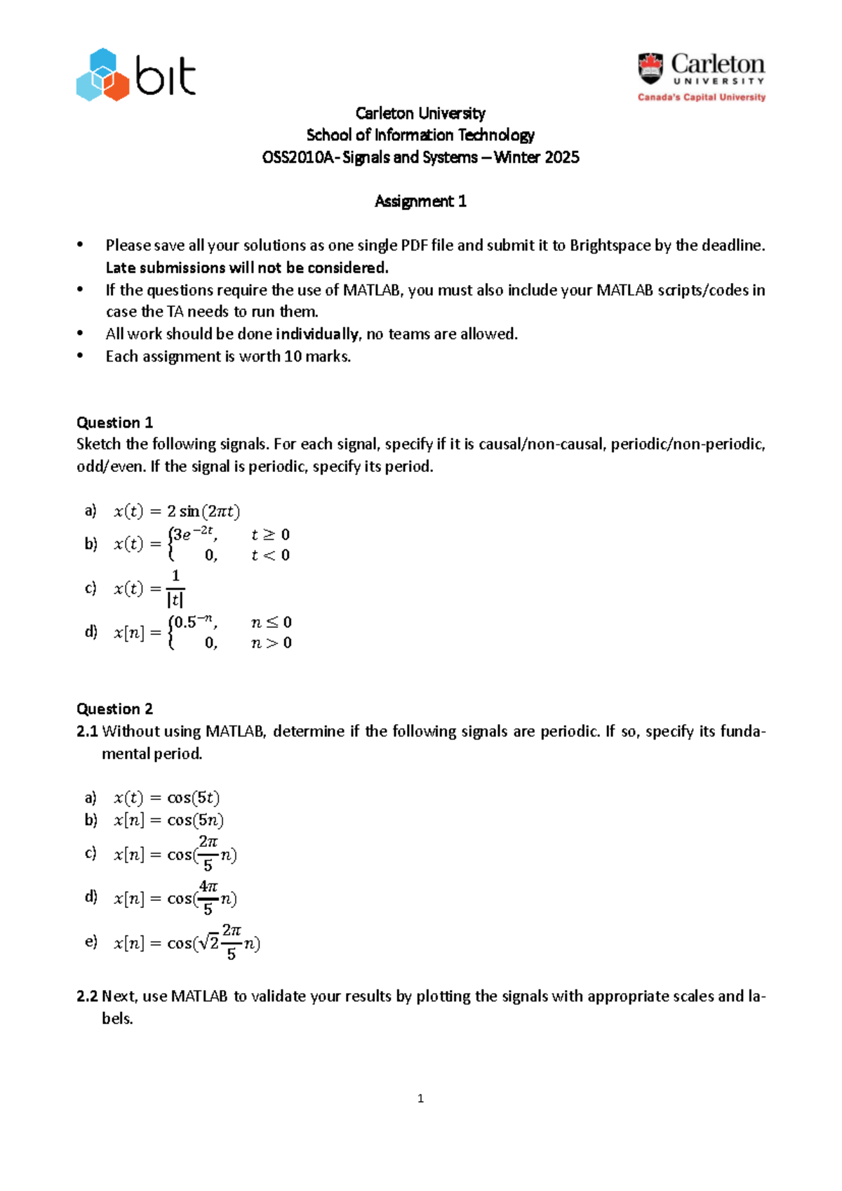OSS2010A Signals and Systems Winter 2025 Assignment 1 Guidelines - Studocu