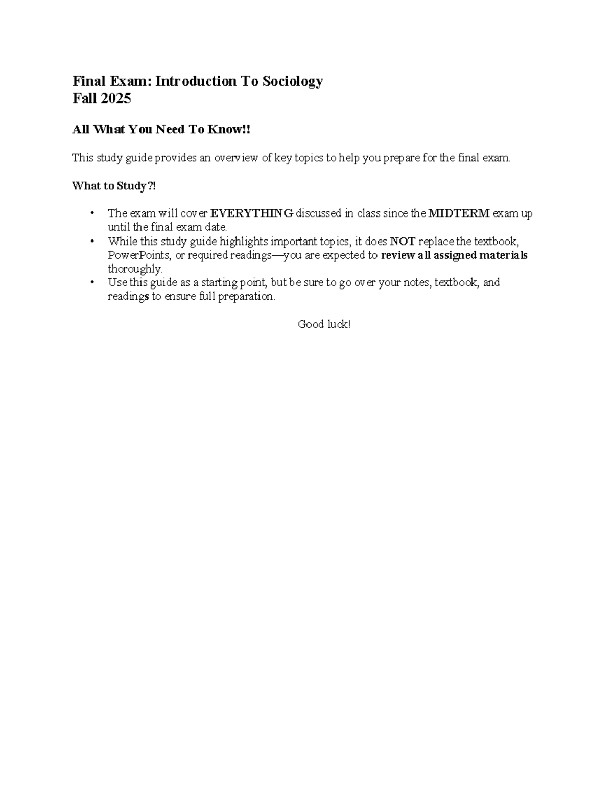 Final Exam Study Guide: Introduction to Sociology (Fall 2025) - Studocu