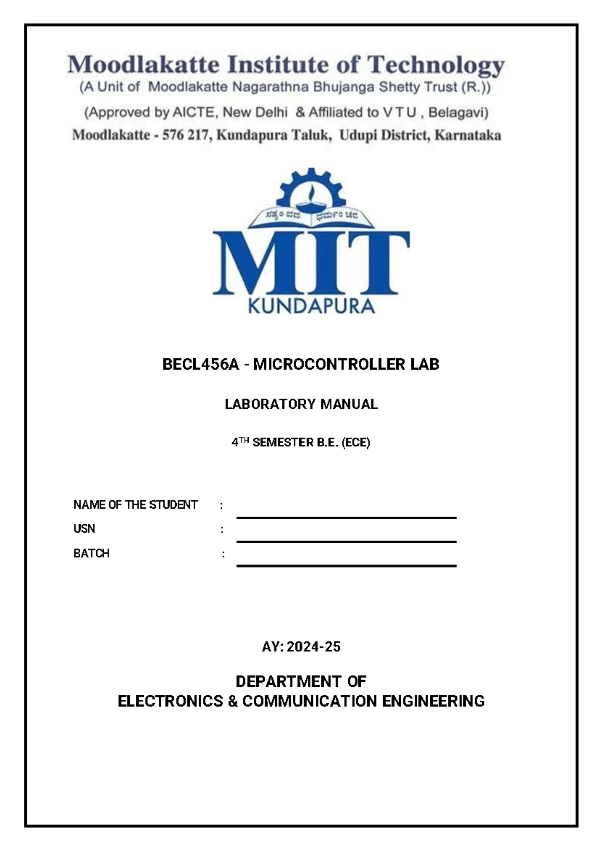 BECL456A - Microcontroller Lab Manual for 4th Sem Engineering - Studocu