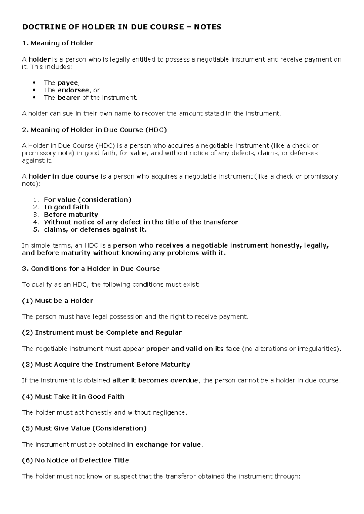 DOCTRINE OF HOLDER IN DUE COURSE NOTES: Key Concepts & Rights - Studocu