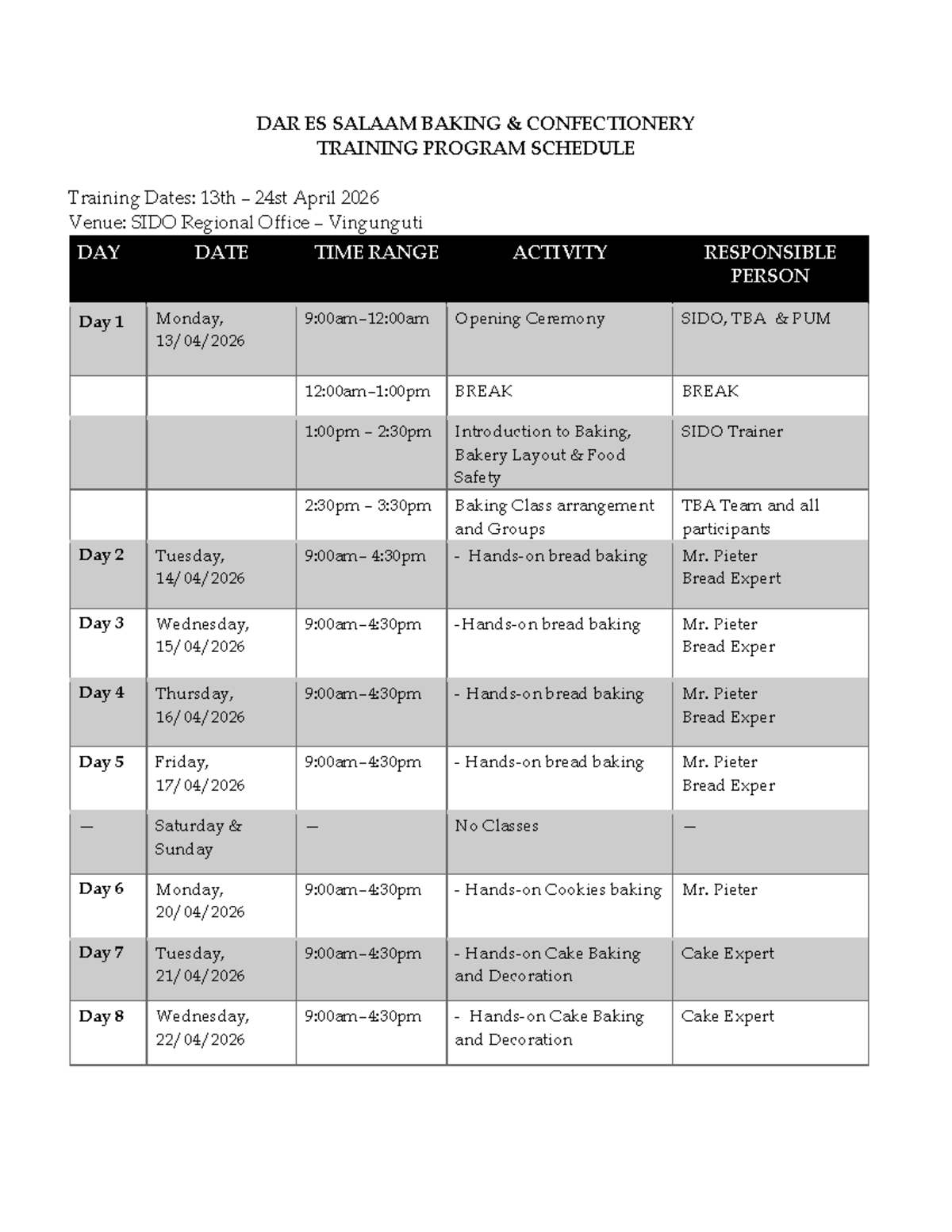 DAR ES SALAAM BAKING TRAINING PROGRAM SCHEDULE - APRIL 2026 - Studocu