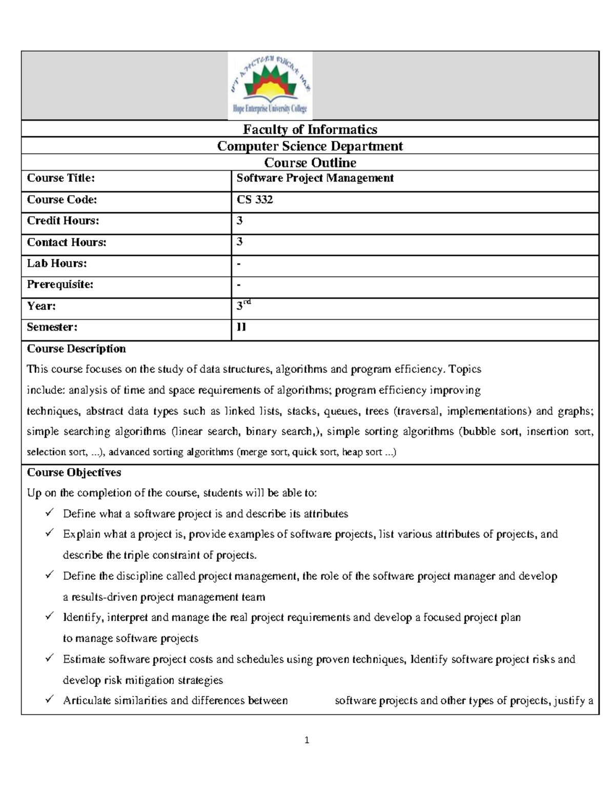 Software Project Management Course Plan 2017 EC 1st Semester - Faculty ...