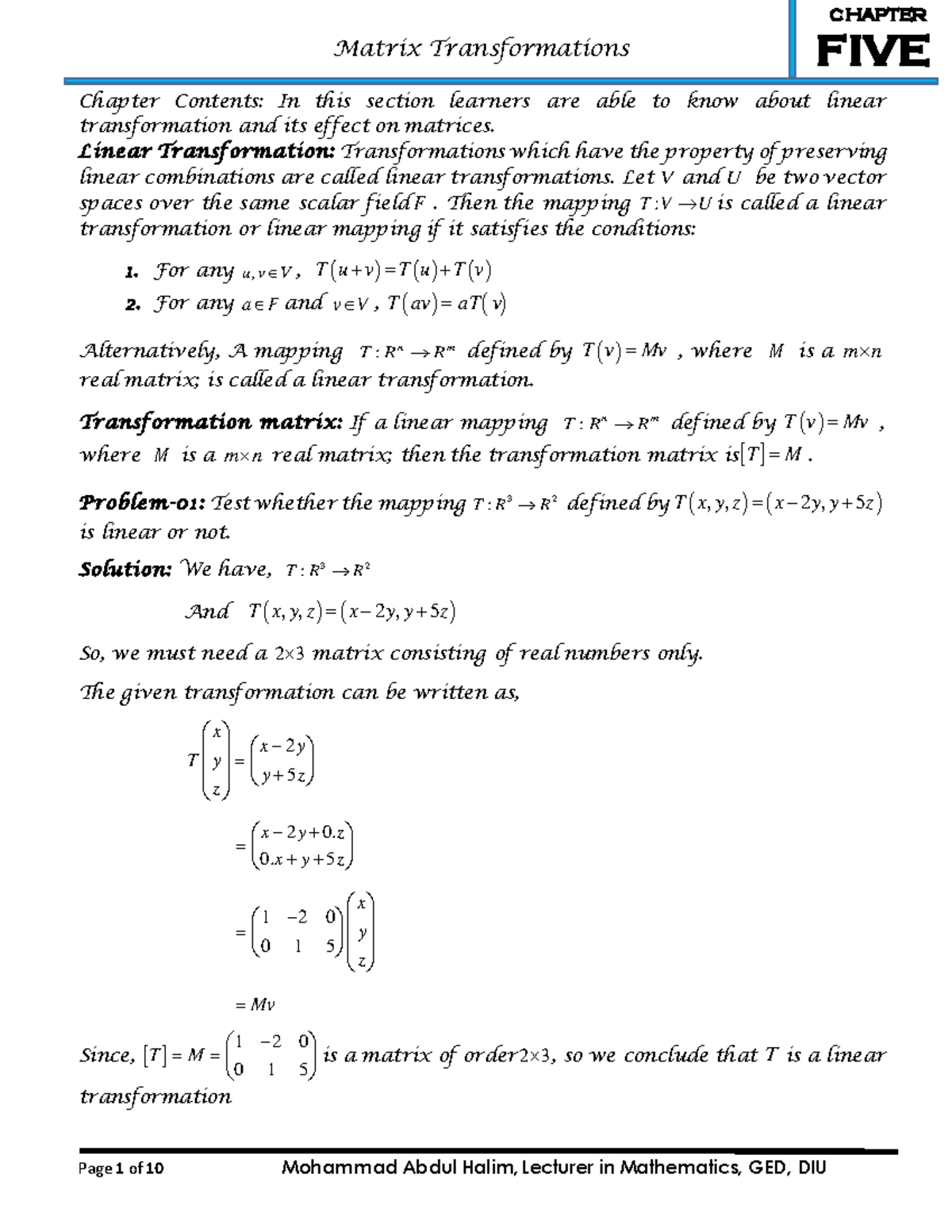 CHAPTER 5: Matrix Transformations and Linear Mappings (MATH 3) - Studocu
