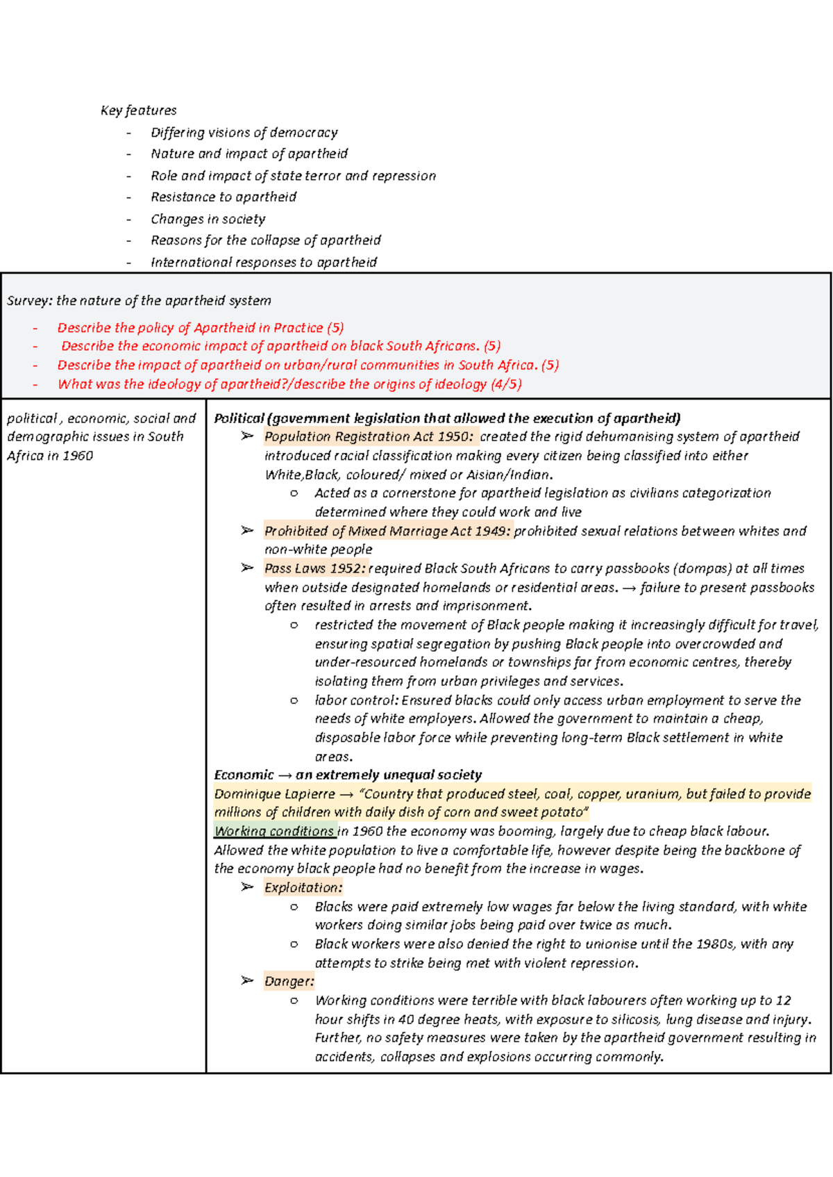 Apartheid South Africa HSC Trial prep - Key features - Differing ...