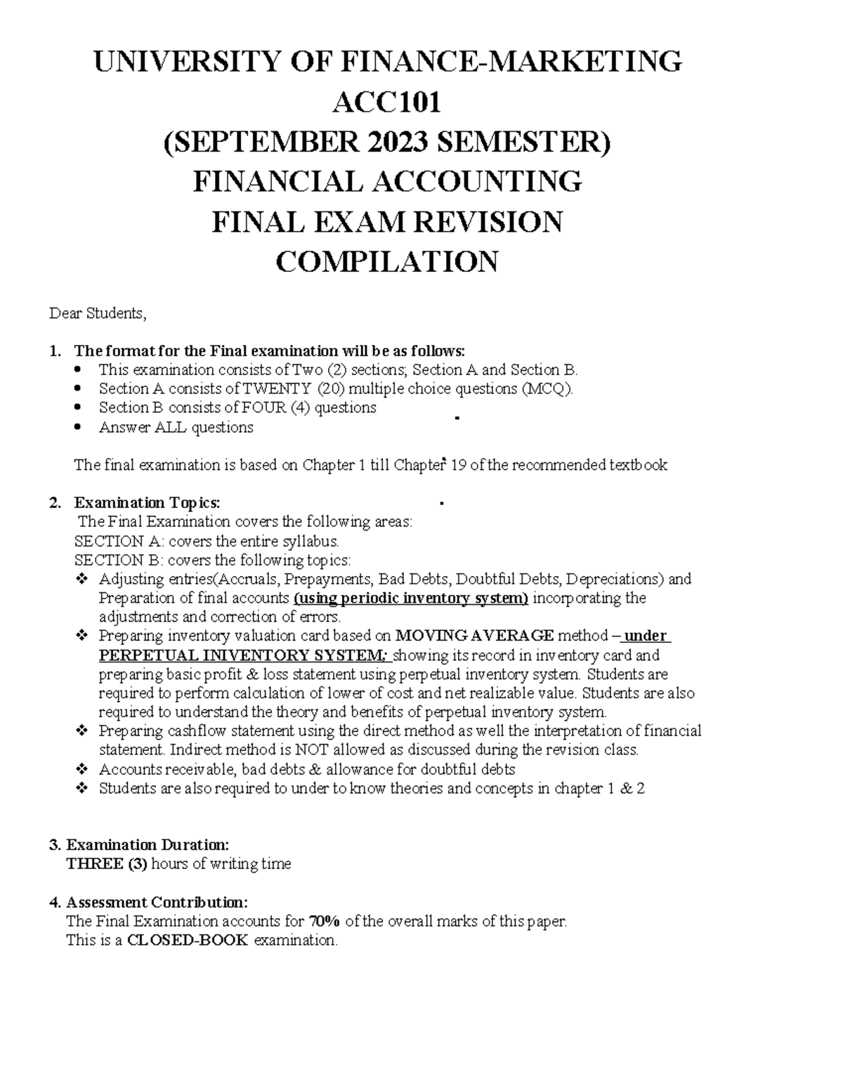Final Revision Guide for ACC101 - Financial Accounting Final Exam - Studocu