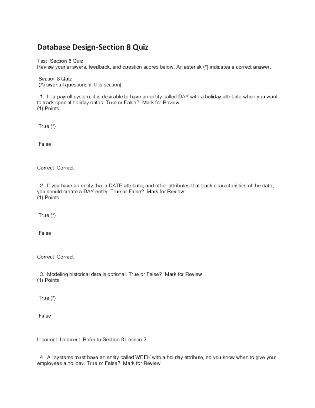 Database Design - Section 8 Quiz Review and Answers - Studocu