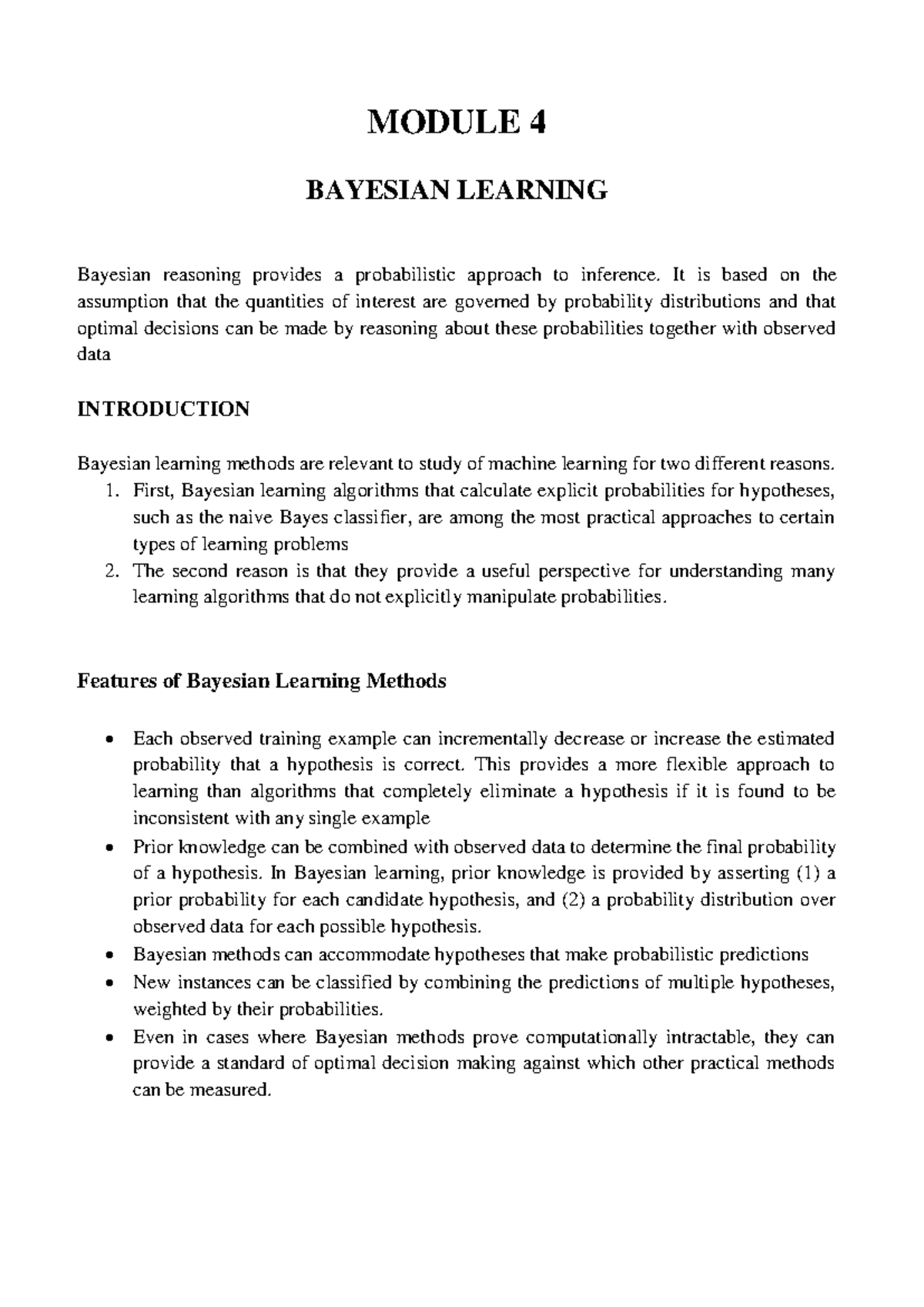 AI & ML (Module 4) - Notes on Bayesian Learning Techniques - Studocu
