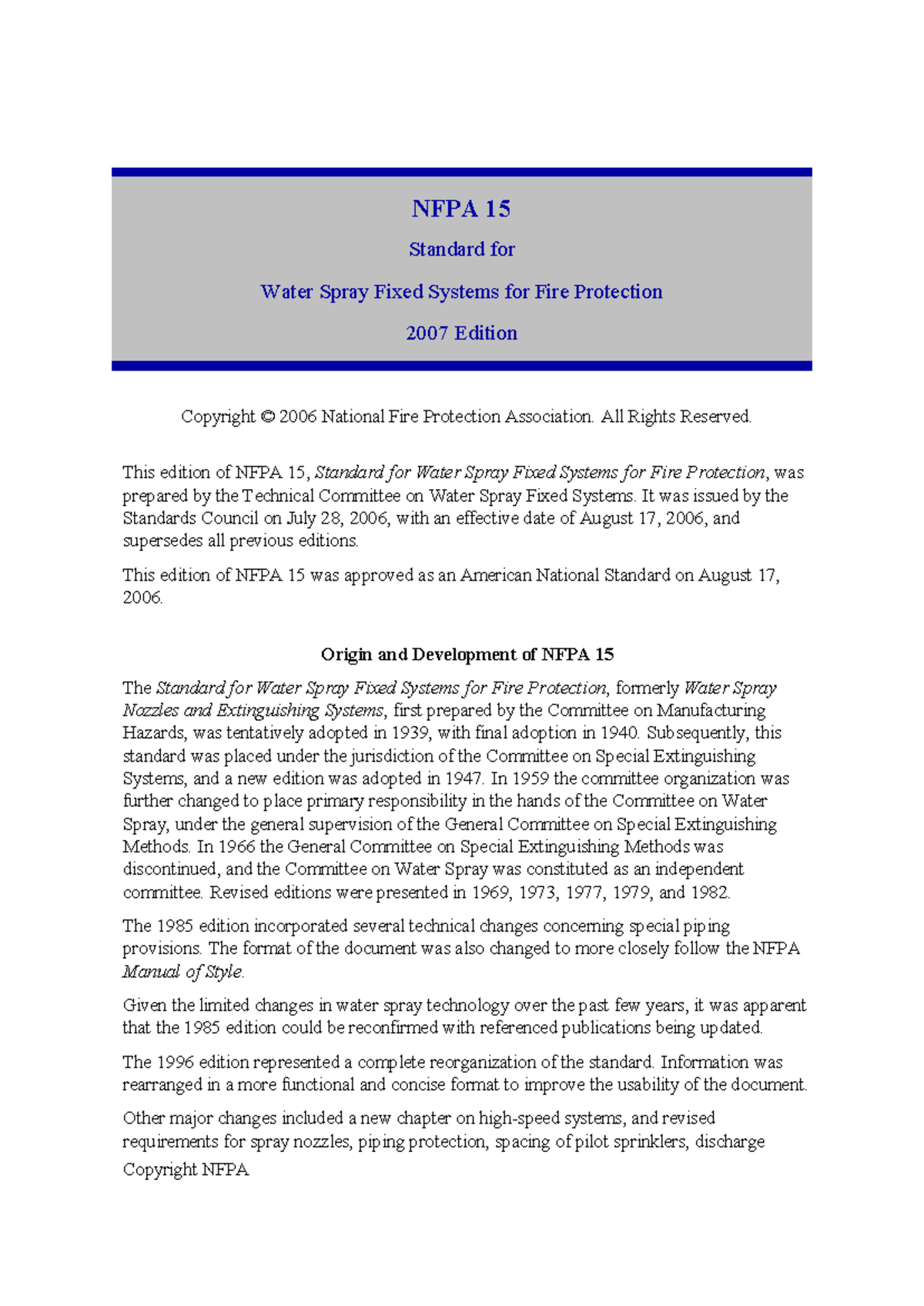 NFPA 15-2007 Standard for Water Spray Fixed Systems in Fire Protection ...