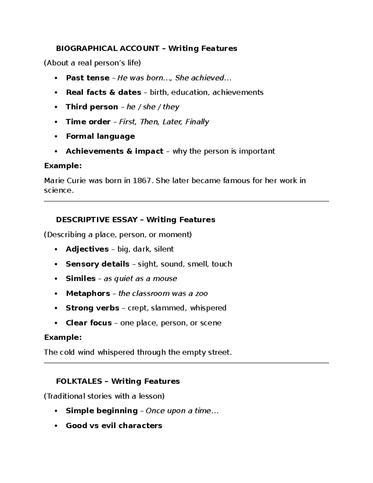 Biographical Account Writing Features - Year 8 Guide - Studocu
