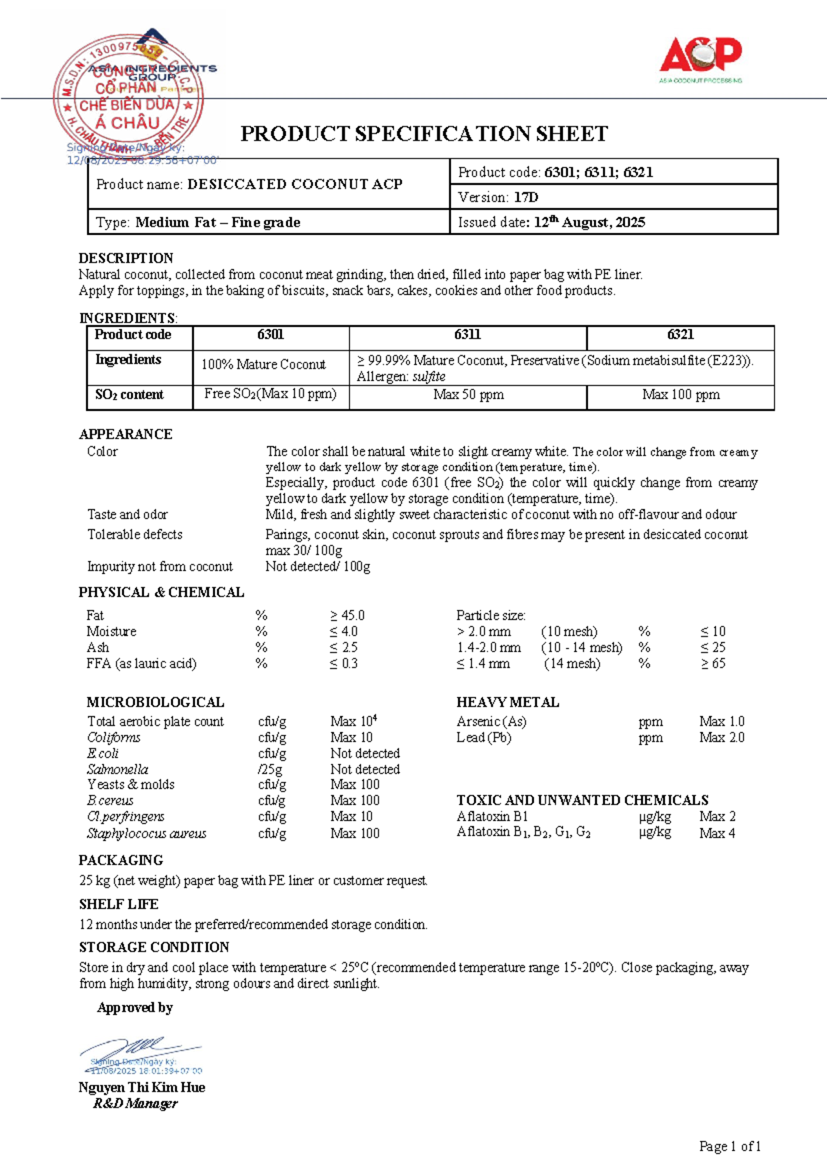 PRODUCT SPECIFICATION SHEET: Desiccated Coconut ACP 6321 V17D - Studocu