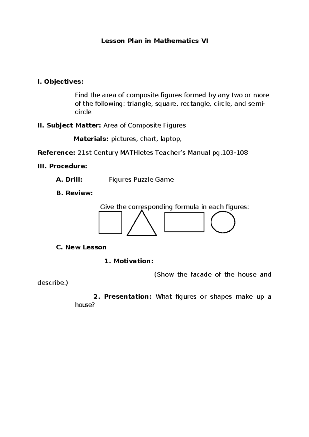 Mathematics VI Lesson Plan: Area of Composite Figures - Studocu