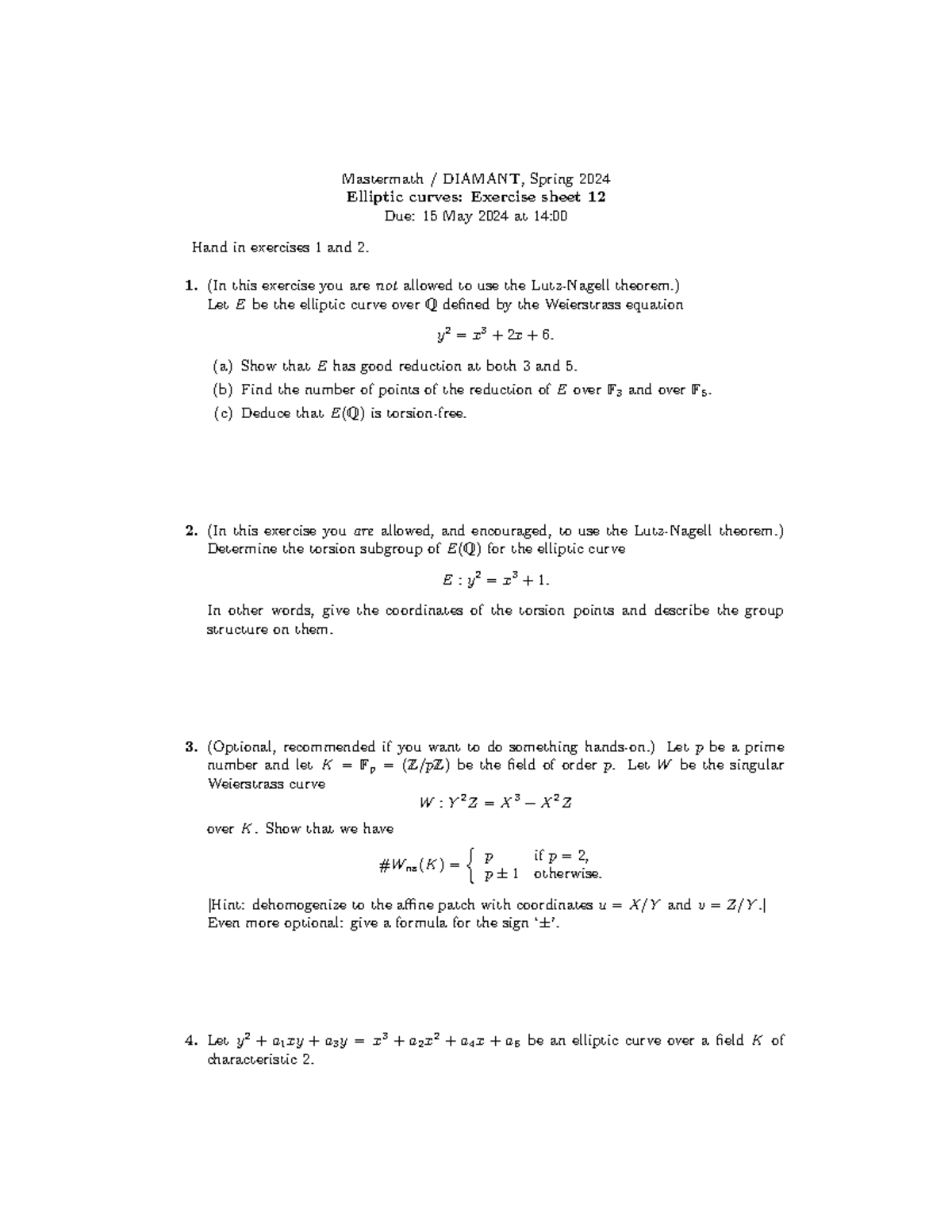 2024set12 - Mastermath Elliptic Curves Exercise Sheet #12 - Studeersnel