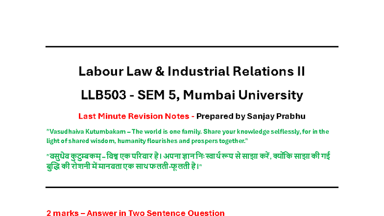 Labour Law Industrial Relations II LLB503 SEM 5: Last Minute Revision ...