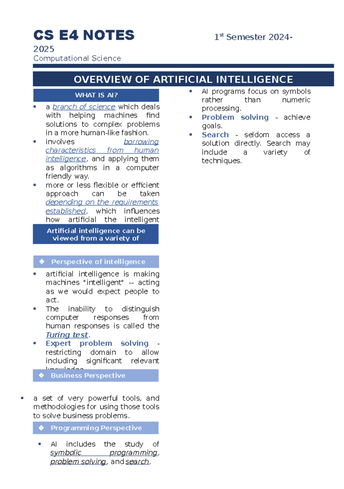 CS E4 NOTES: 1st Semester Overview of Artificial Intelligence - Studocu