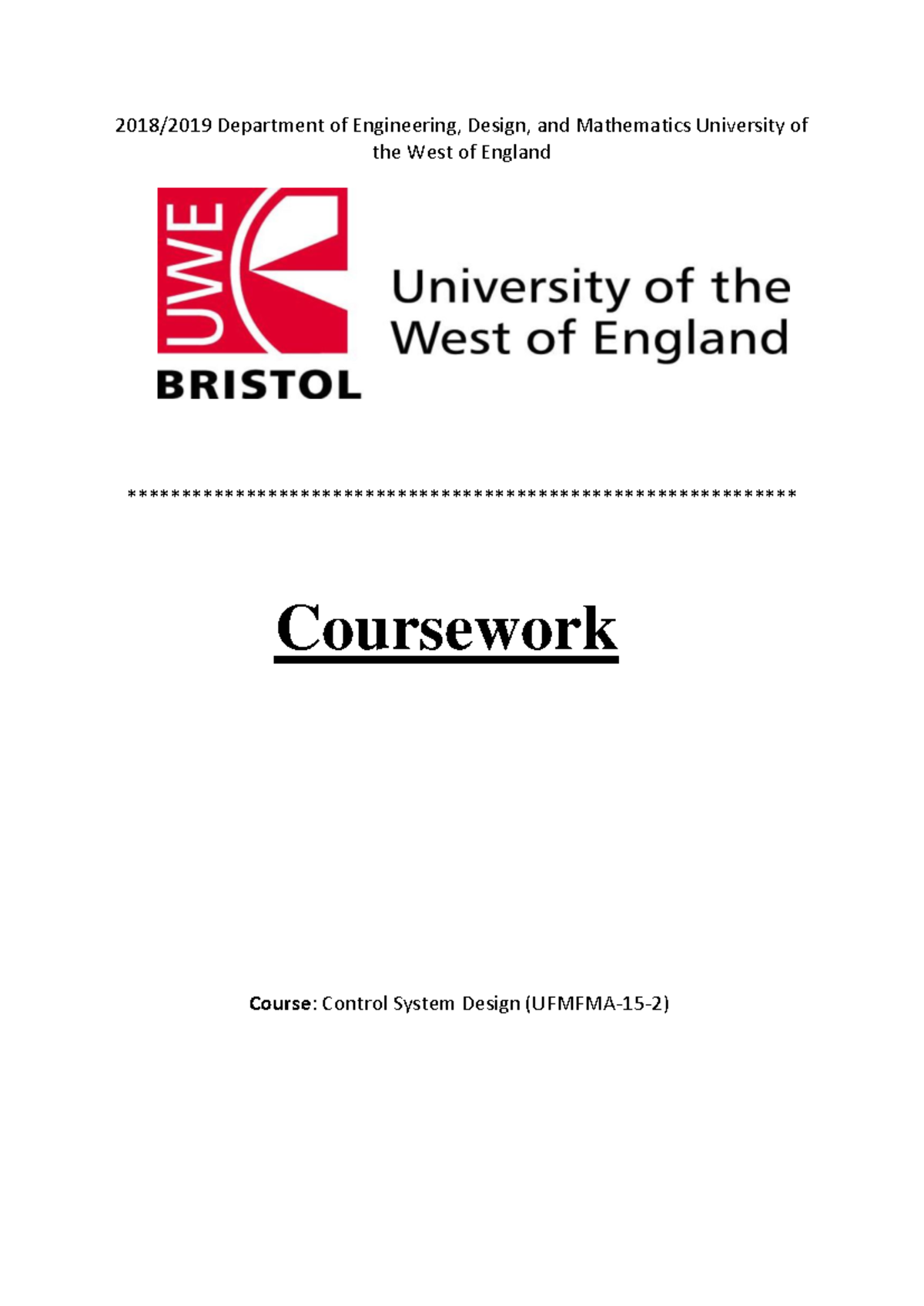 Control System Design Coursework 2019-2020 - 2018/2019 Department of ...