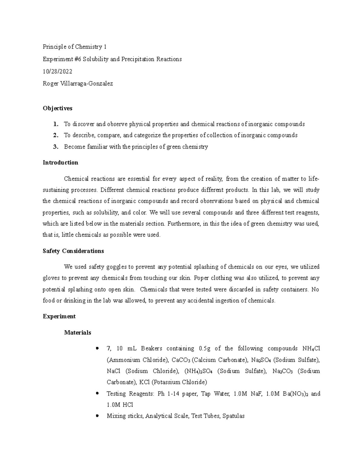 Chemistry 1: Experiment 6 Lab Report on Solubility & Precipitation ...