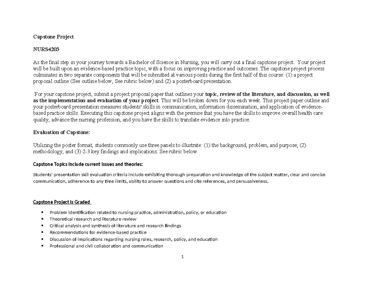 Capstone project outline for NURS4203: Adult II final project guide ...