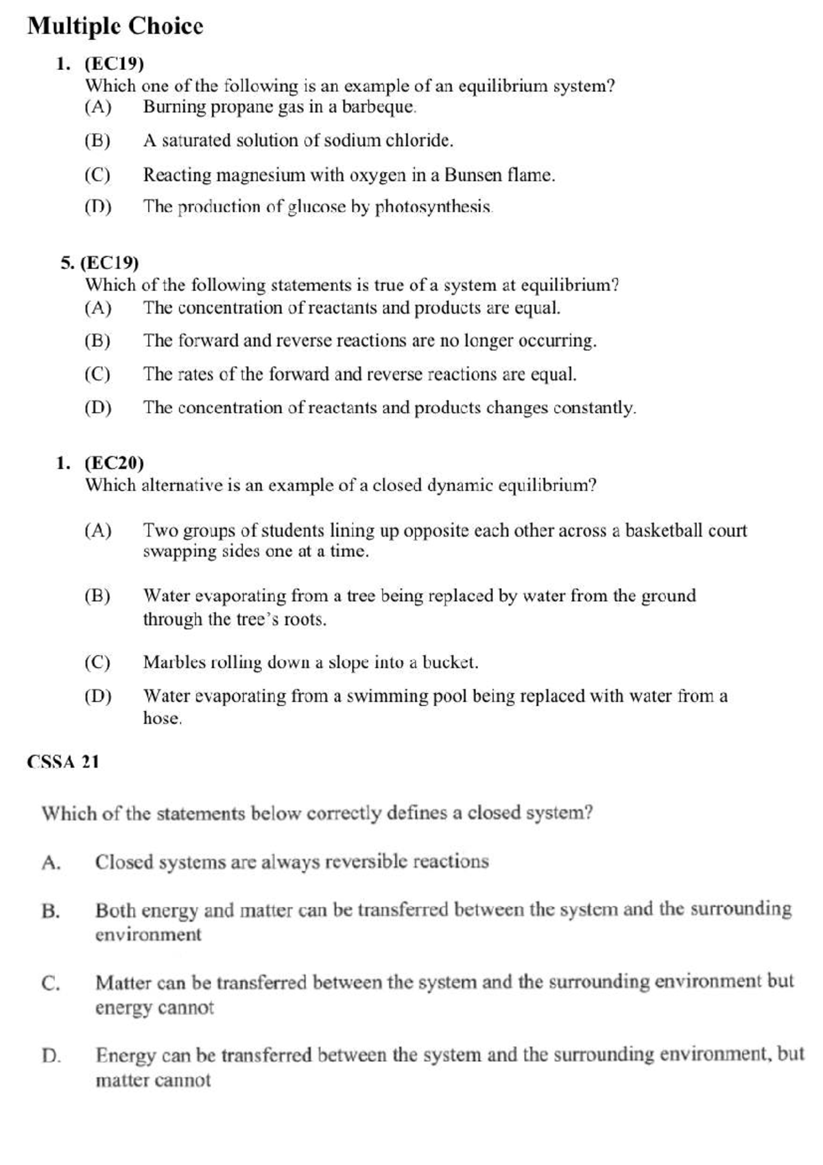 Cmod5 - Chemistry Multiple Choice Questions on Equilibrium Systems ...