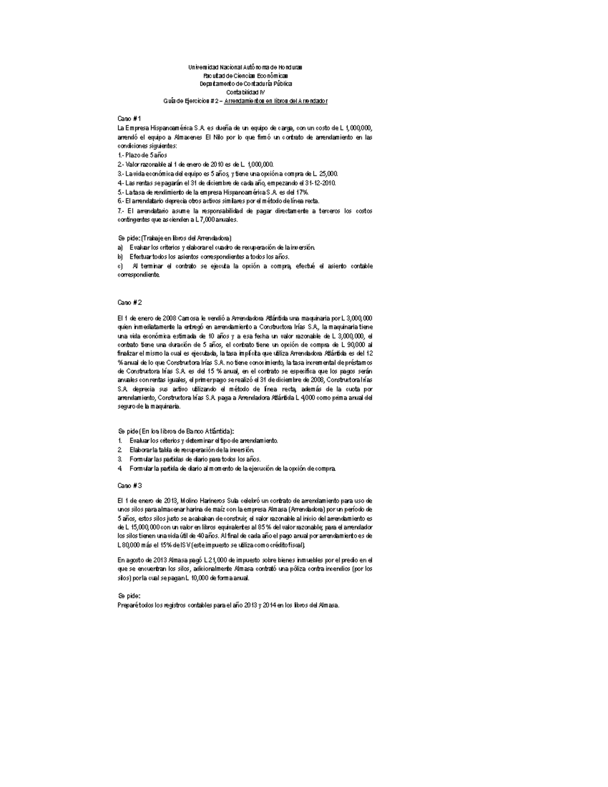 Contabilidad IV: Guía de Ejercicios sobre Arrendamientos y Asientos Contables - Document Preview