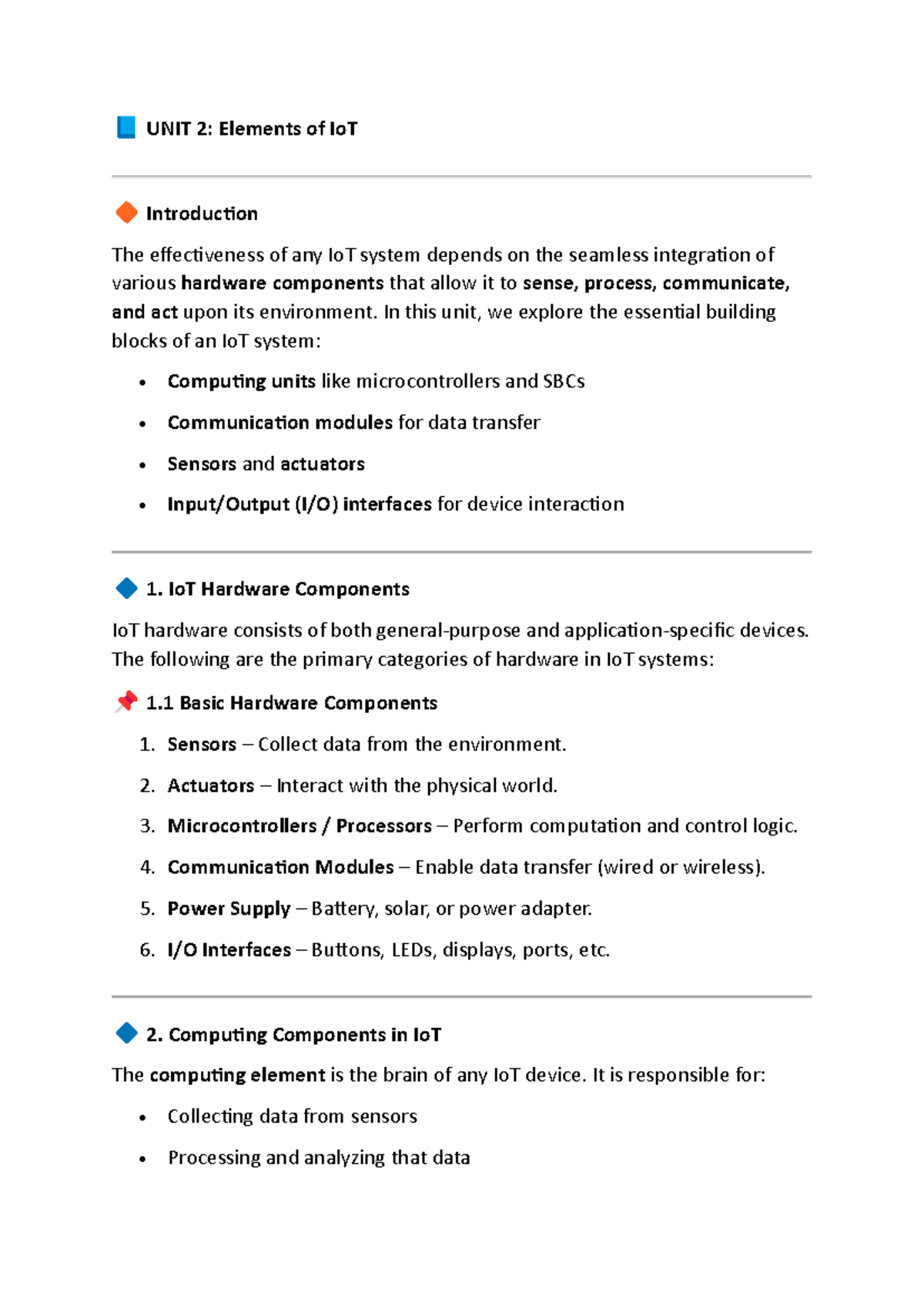 UNIT 2: Comprehensive Notes on IoT Hardware Components - Studocu