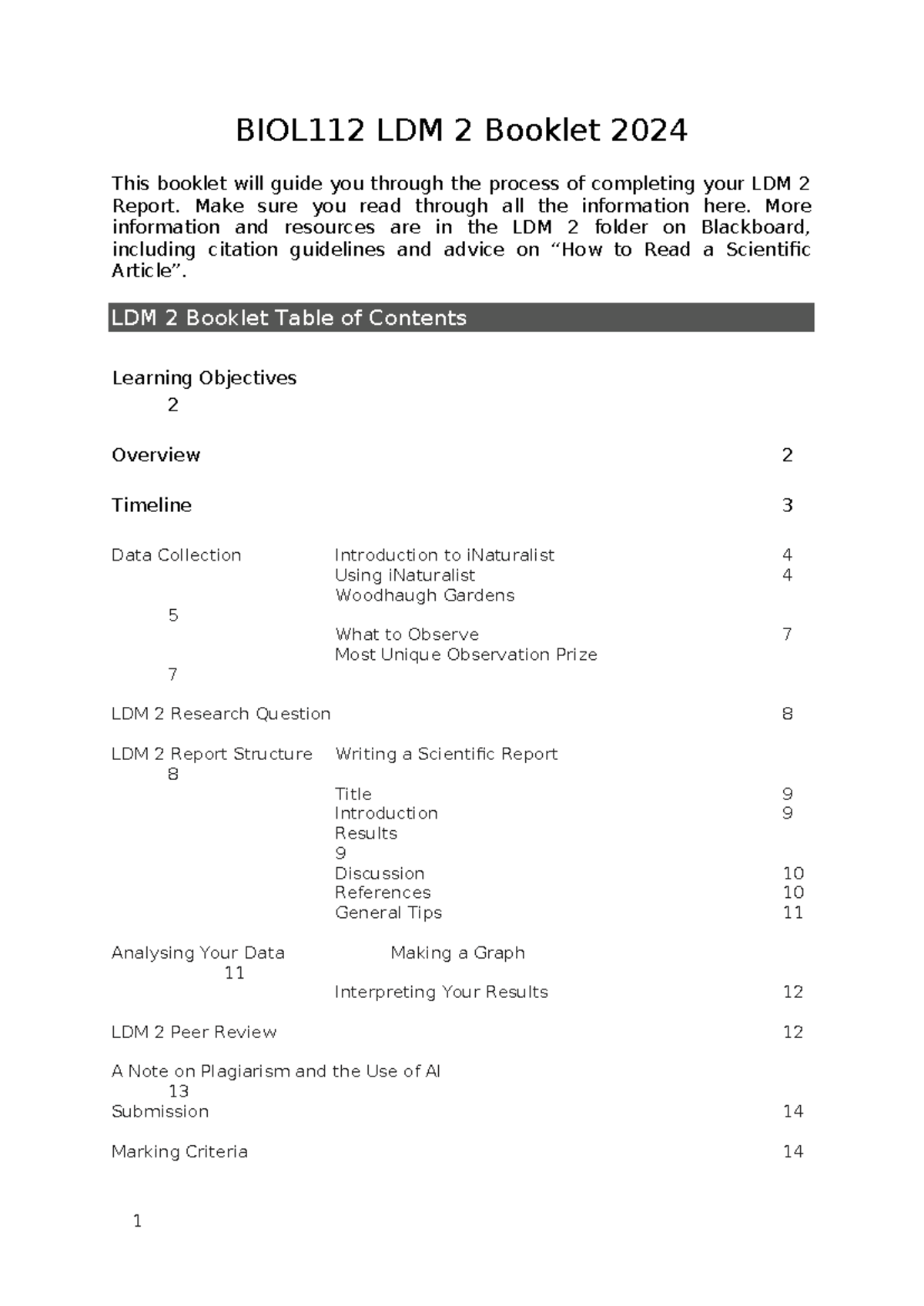 BIOL112 LDM 2 Booklet 2024 Guide for Final Report and Observations ...