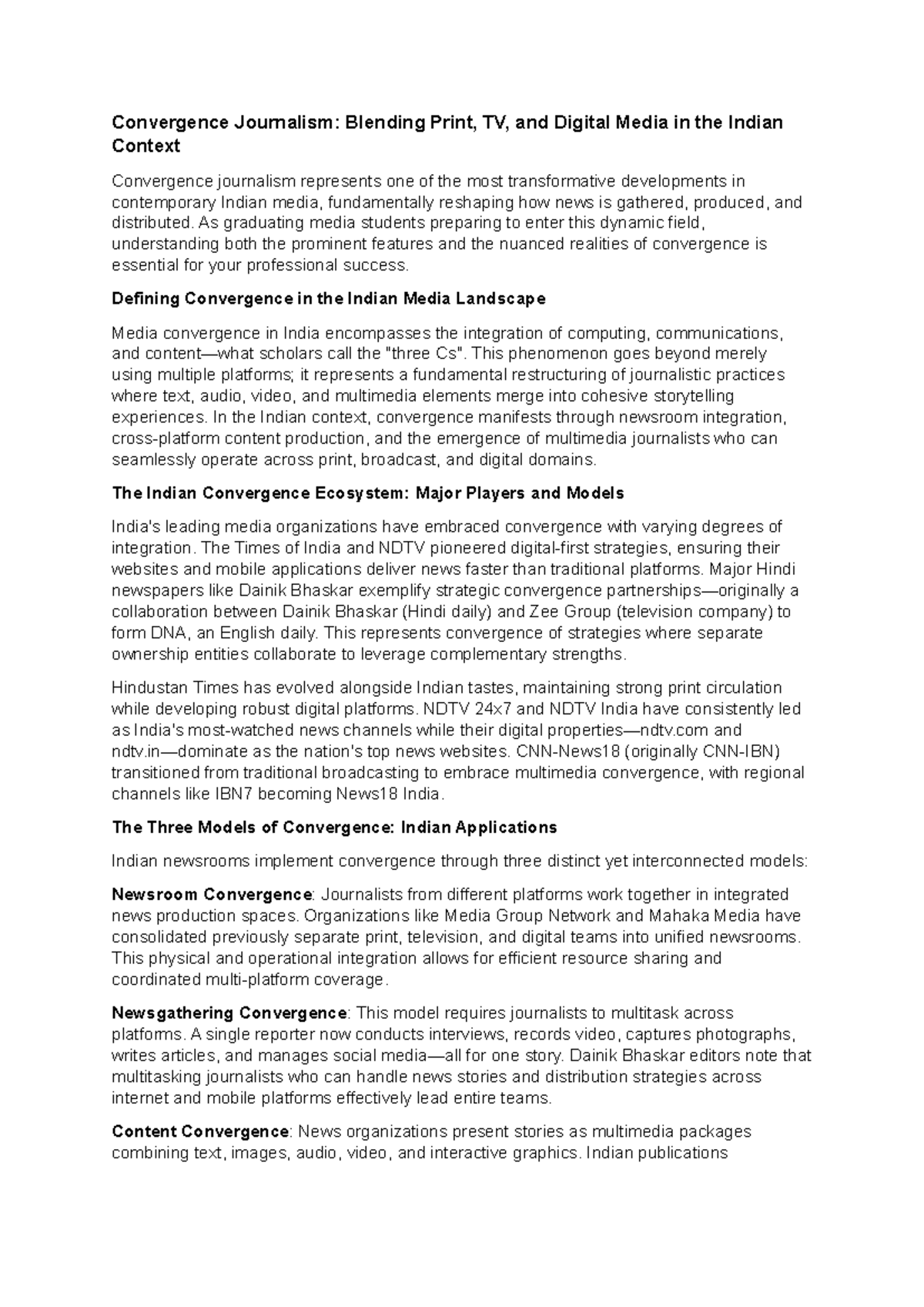 Convergence Journalism: Integrating Media in India for Future ...