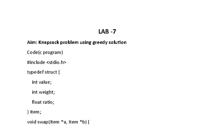 DAA - cacxscs - LAB - Aim: Knapsack problem using greedy soluƟon Code(c ...