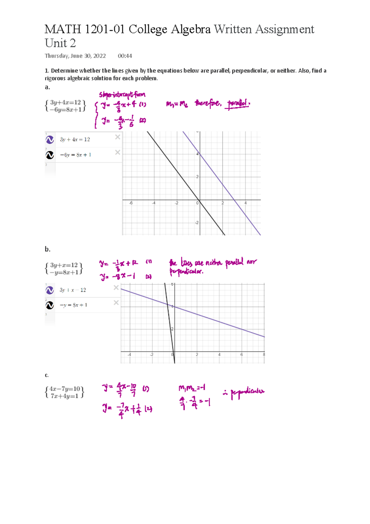 Written Assignment Unit 2 - Determine whether the lines given by the ...